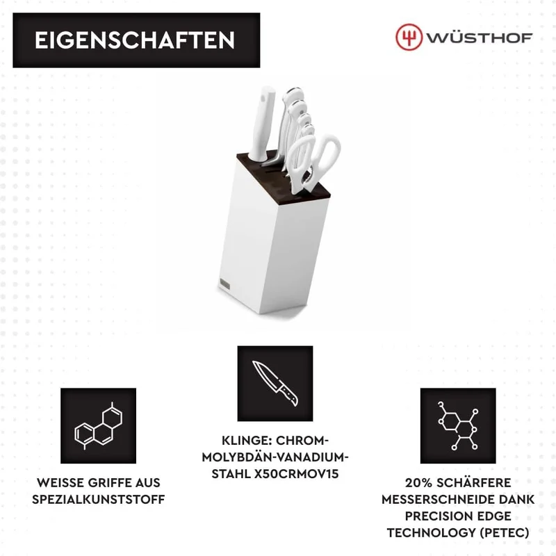 WÜSTHOF Classic White Messerblock mit 6 Artikeln 6-teilig, inkl. Santoku, 6-teilig, inkl. Santoku