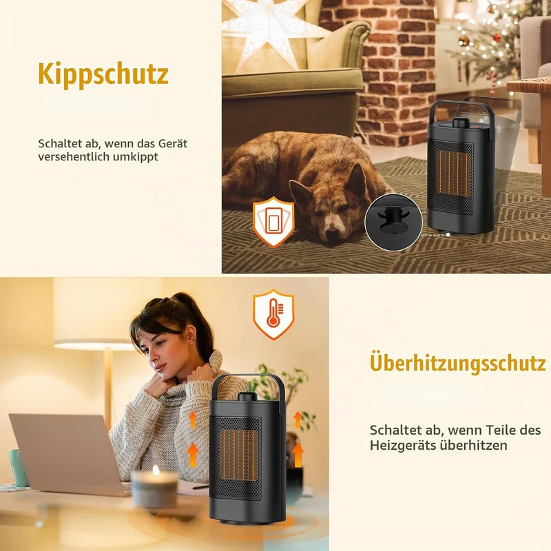 Heizlüfter Energiesparend Leise - 1500W PTC Keramik Heizung Elektrisch, 3 Geschwindigkeit Elektrohei