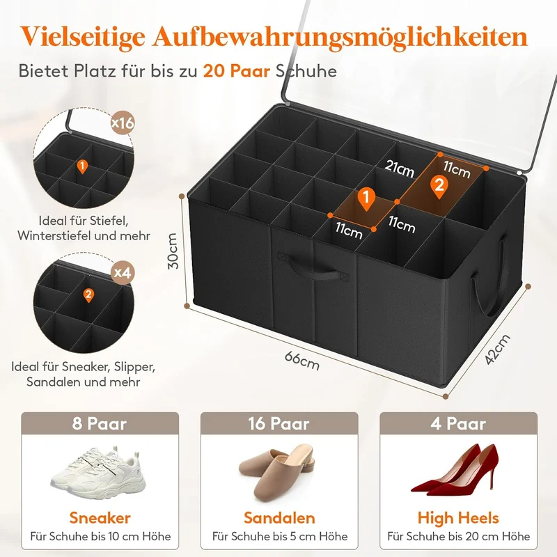 Lifewit Grosser Schuhorganizer für den Kleiderschrank, Faltbarer Schuhkarton mit durchsichtigem Deck