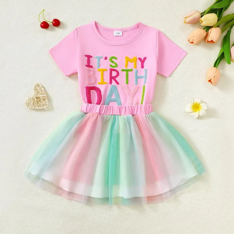 Kleinkind Baby Mädchen Geburtstag Outfit Birthday Girl Buchstabenstickerei T-Shirt Tutu Tüllrock Set