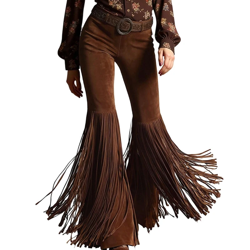 Wildlederhose Damen Vintage Wildleder Stoffhose mit Quasten Weites Bein Fransenhose Western Cowgirl