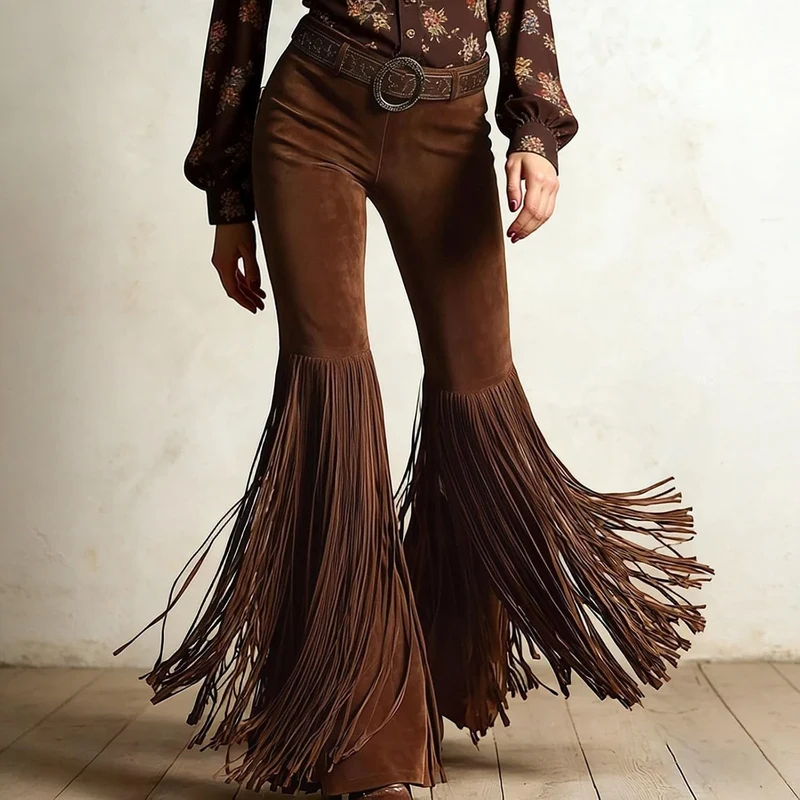Wildlederhose Damen Vintage Wildleder Stoffhose mit Quasten Weites Bein Fransenhose Western Cowgirl