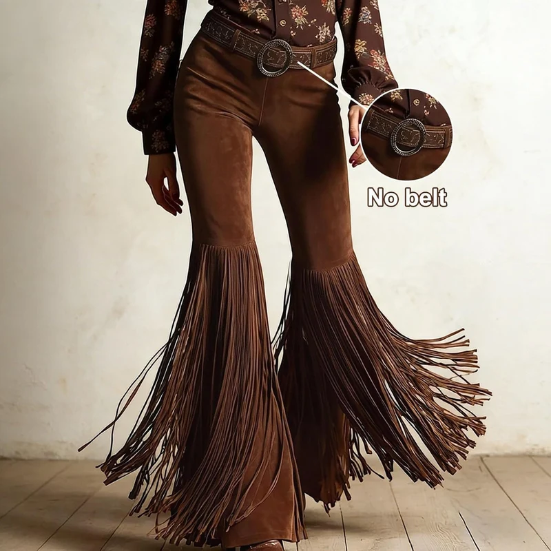 Wildlederhose Damen Vintage Wildleder Stoffhose mit Quasten Weites Bein Fransenhose Western Cowgirl
