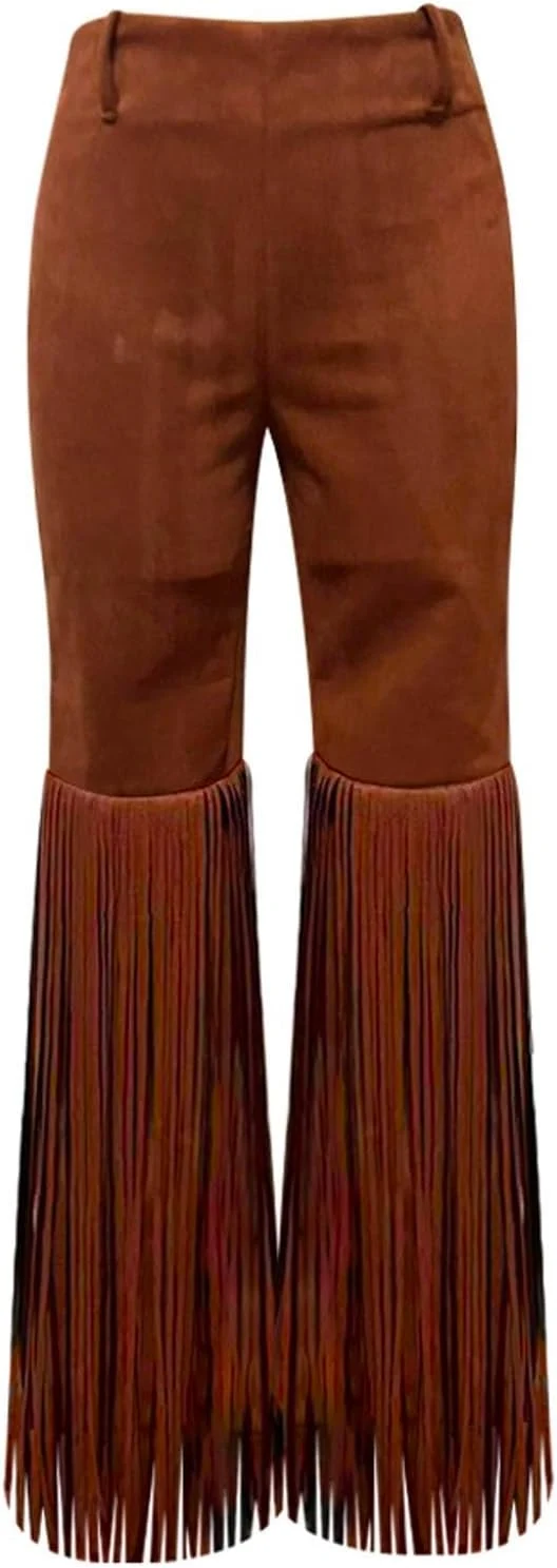 Wildlederhose Damen Vintage Wildleder Stoffhose mit Quasten Weites Bein Fransenhose Western Cowgirl