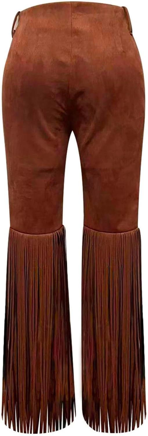 Wildlederhose Damen Vintage Wildleder Stoffhose mit Quasten Weites Bein Fransenhose Western Cowgirl