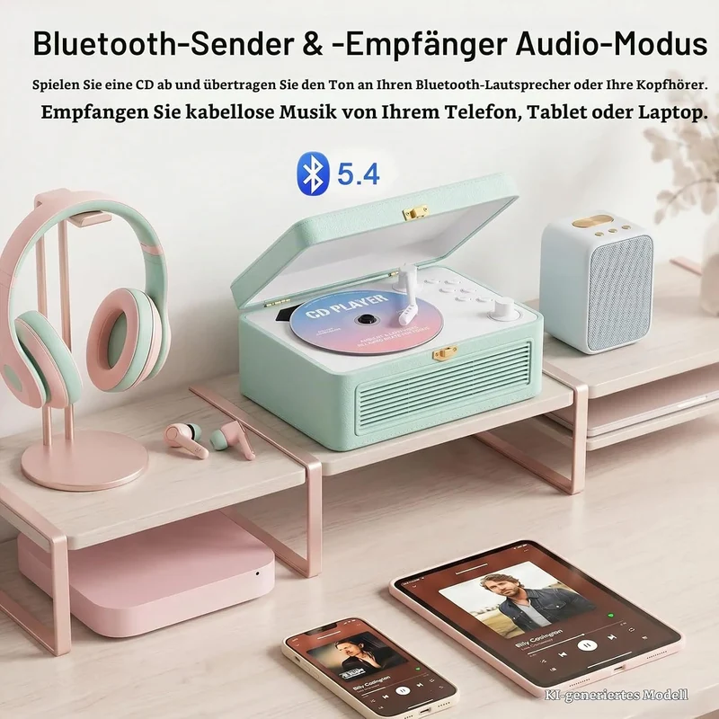 Gueray Tragbarer Bluetooth CD-Player mit Lautsprechern 3600mAh Wiederaufladbarer Vintage CD Spieler