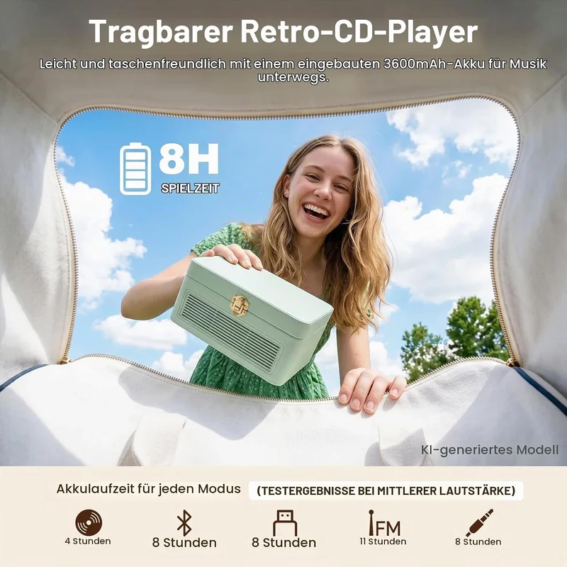 Gueray Tragbarer Bluetooth CD-Player mit Lautsprechern 3600mAh Wiederaufladbarer Vintage CD Spieler