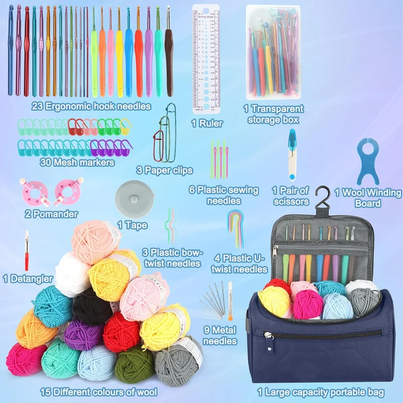 BBWELL Häkelset für Anfänger,Tragbar Häkelnadel mit 15 Wolle,Häkelwolle Set,Stricken für Anfänger Se