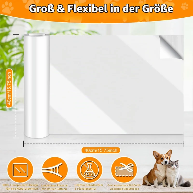Kratzschutz Sofa Katze, 5.0m x 40cm Transparent Kratzfolie Katzen Selbstklebend, Katzen Kratzschutz