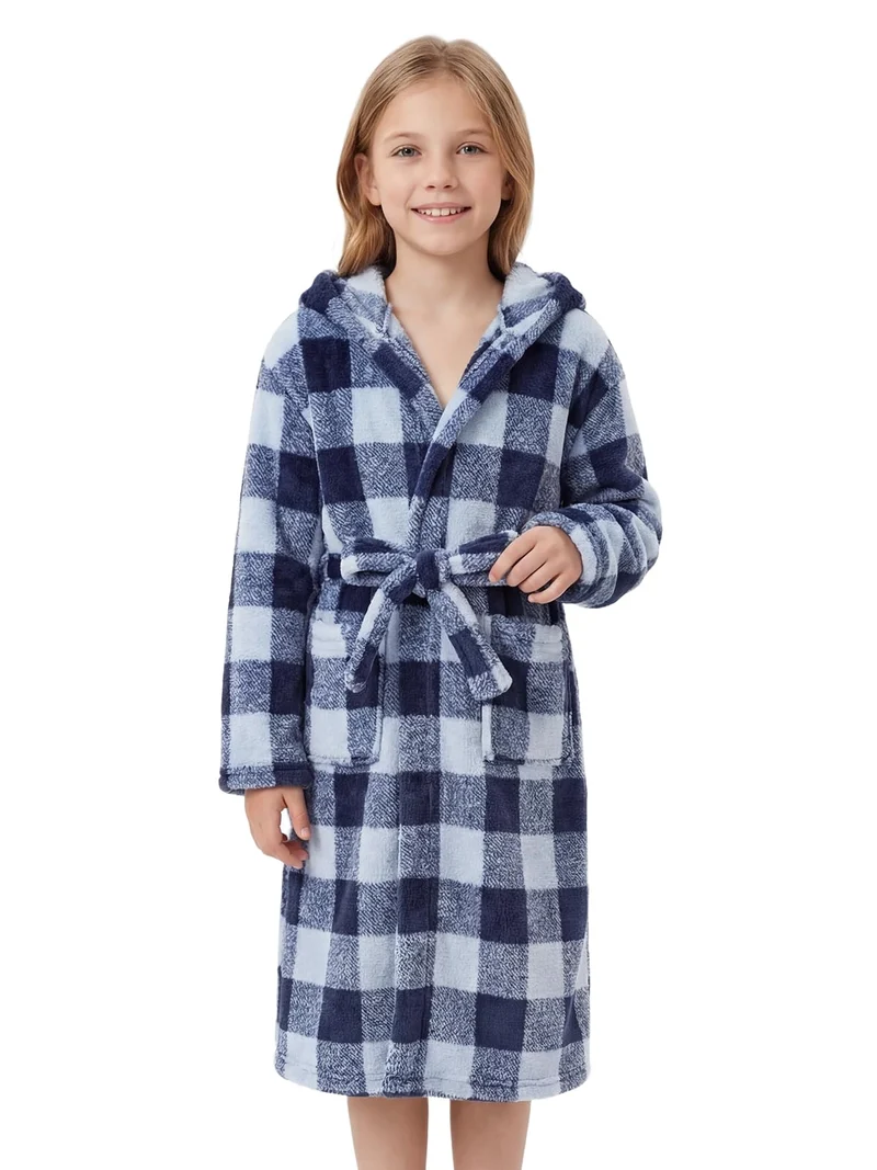 JiAmy Kapuzen Bademantel für Mädchen Flauschiger Fleece Plüsch Langer Schlafmantel Kinder Grau 7-9 J
