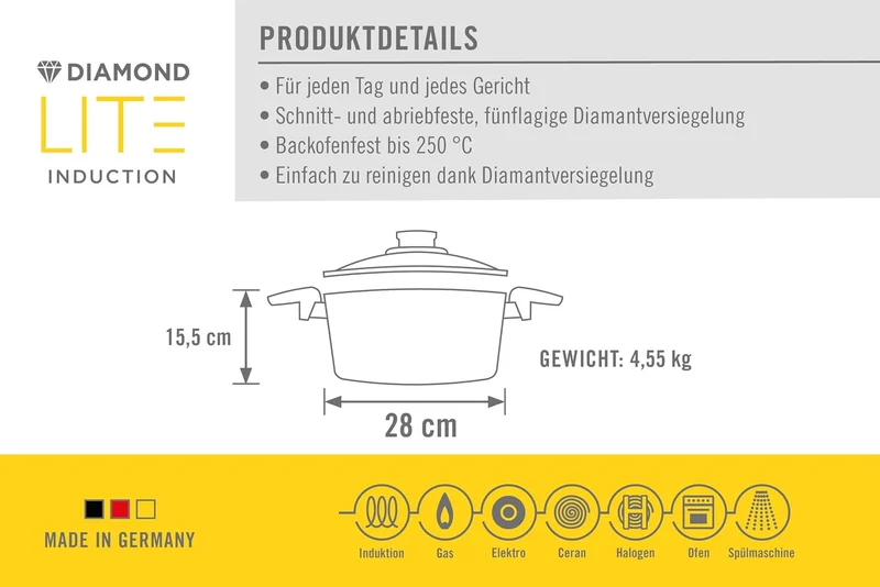 Woll Diamond Lite Topf mit Glasdeckel in Box - Induktiv -, Ø 28 cm, 15.5 cm hoch, 8.5 Liter - Geeign