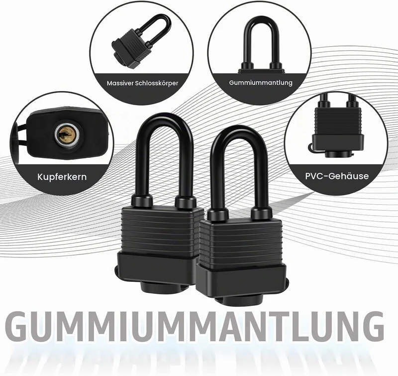 6 Stück Vorhängeschloss Messing Ultra wasserdicht mit PVC-Mantel 42 mm Robust Bügel 12 Schlüssel 4-P