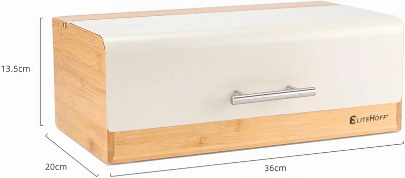 EliteHoff Brotkasten Bambus Metall, Brotbox Rechteckig ca. 36 x 20 x 14 cm, Brotbox mit Klappdeckel,