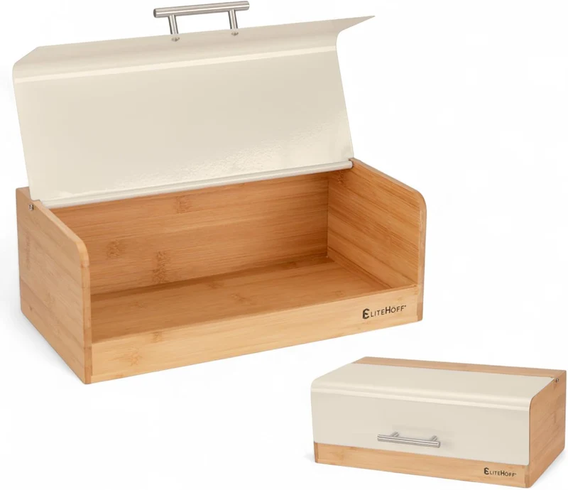 EliteHoff Brotkasten Bambus Metall, Brotbox Rechteckig ca. 36 x 20 x 14 cm, Brotbox mit Klappdeckel,