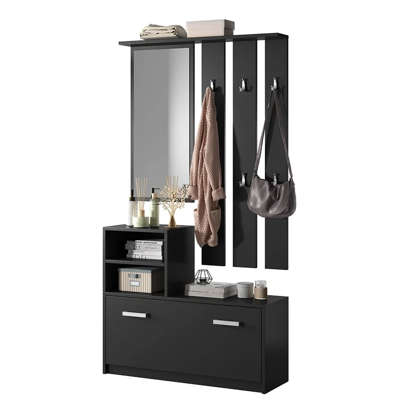Selsey Yesfir – Reihe des Flur/Schuhschrank und Garderobenpaneel mit Kissen, Schwarz, 22.8 x 9.4 x 6