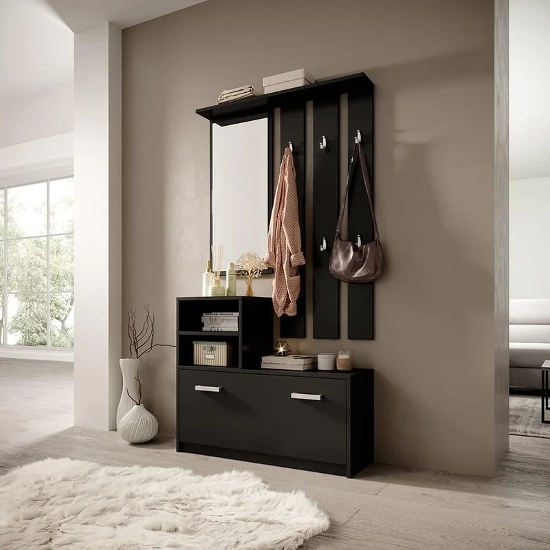 Selsey Yesfir – Reihe des Flur/Schuhschrank und Garderobenpaneel mit Kissen, Schwarz, 22.8 x 9.4 x 6