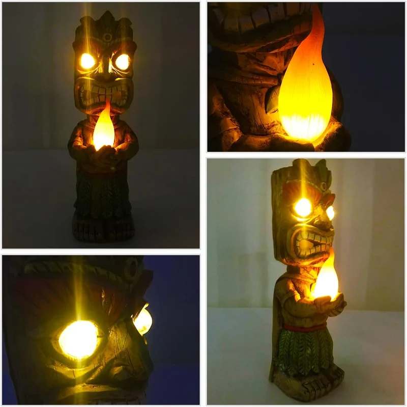Solar Tiki Fackel Gartenstatue, Harz Tiki Dekor Figur mit solarbetriebenen Lichtern, hawaiianischer