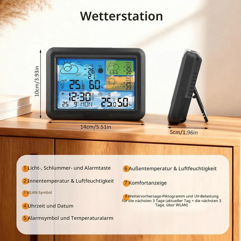 Wetterstation Wlan,Mit 3 Aussensensor & Wettervorhersage,Mit App Tuya Und Smartlife,Digital Farbdisp