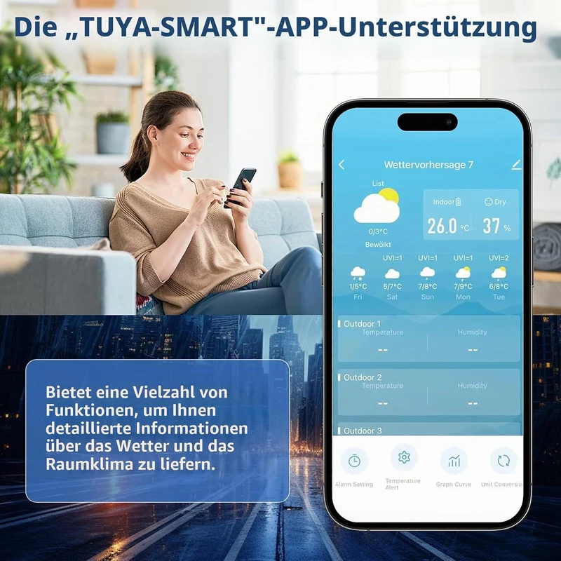 Wetterstation Wlan,Mit 3 Aussensensor & Wettervorhersage,Mit App Tuya Und Smartlife,Digital Farbdisp