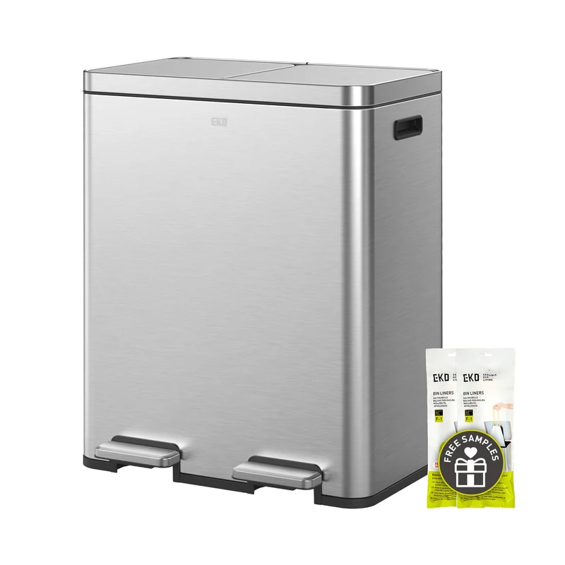 EKO Edison Mülleimer 2 Fächer, 2 x 30 l, Tretmülleimer Küche mit doppeltem Inneneimer, inkl. 20 Müll