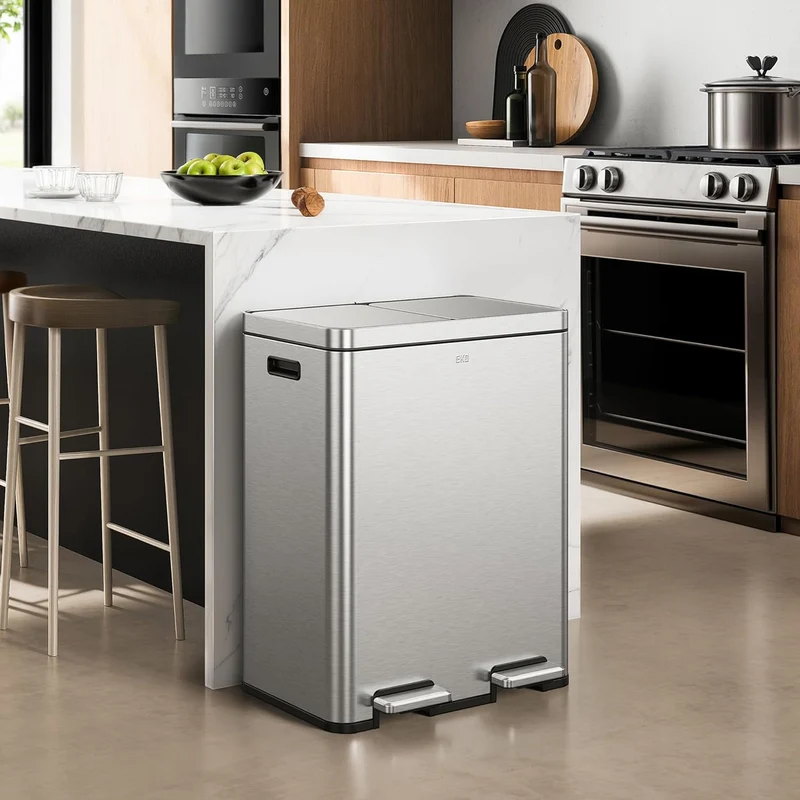 EKO Edison Mülleimer 2 Fächer, 2 x 30 l, Tretmülleimer Küche mit doppeltem Inneneimer, inkl. 20 Müll
