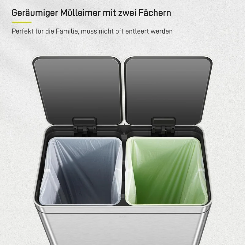 EKO Edison Mülleimer 2 Fächer, 2 x 30 l, Tretmülleimer Küche mit doppeltem Inneneimer, inkl. 20 Müll