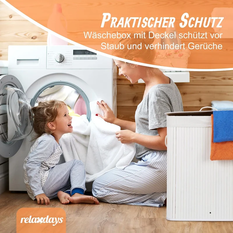 Relaxdays Wäschekorb mit Deckel, Bambus, 80 Liter, Faltbarer Wäschesammler, HxBxT: 60 x 40 x 30 cm,