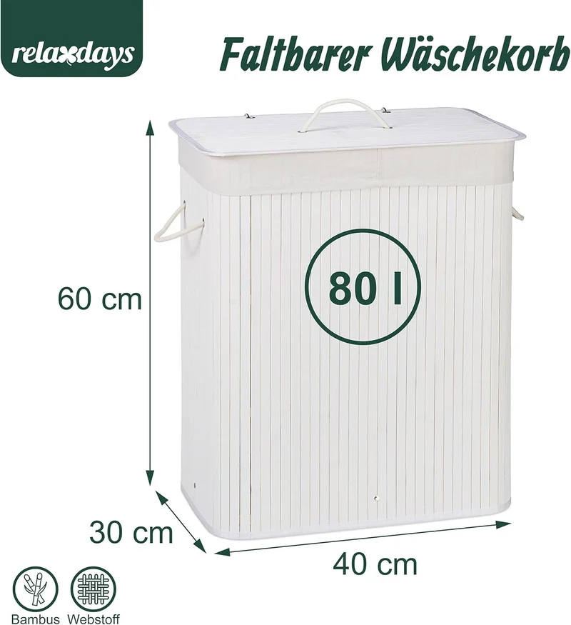 Relaxdays Wäschekorb mit Deckel, Bambus, 80 Liter, Faltbarer Wäschesammler, HxBxT: 60 x 40 x 30 cm,