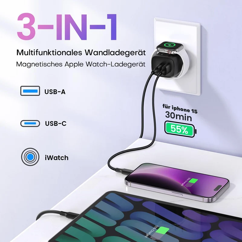 Apple Watch Ladegerät, 3-in-1 20W USB C iPhone Ladegerät PD 3,0 Schnellladegerät für Apple Watch 11/