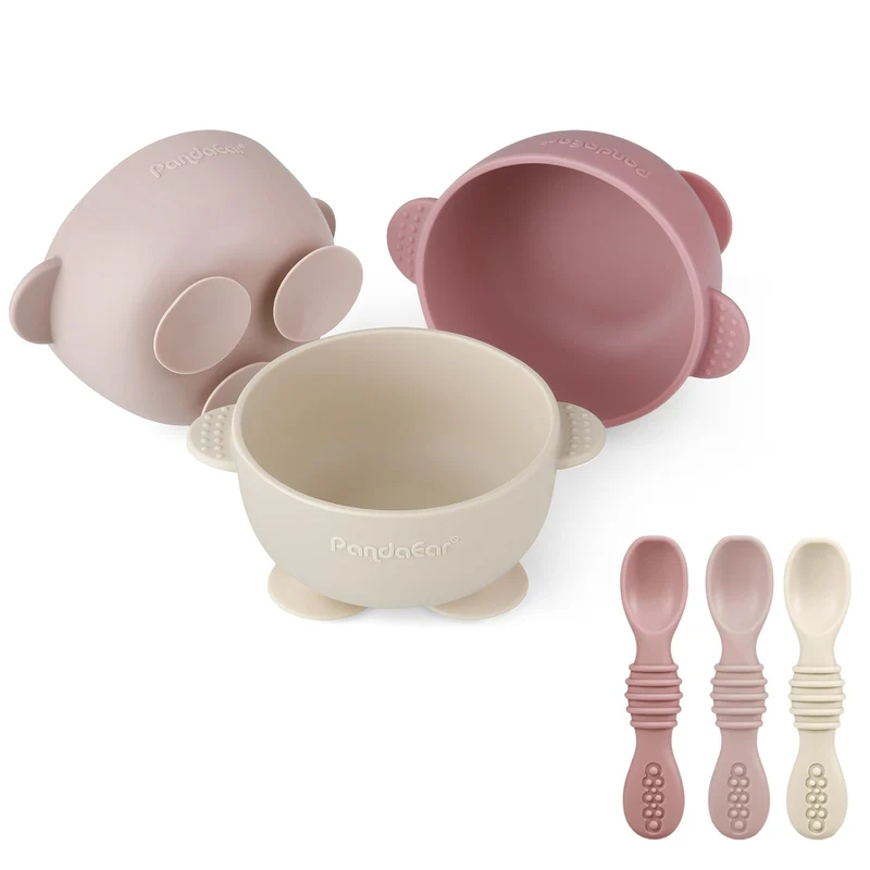 PandaEar 3 Pack Babysaugschalen &3 Babylöffel| Leckdichte Aufenthalts Silicon Food Bowl für Babys Ki