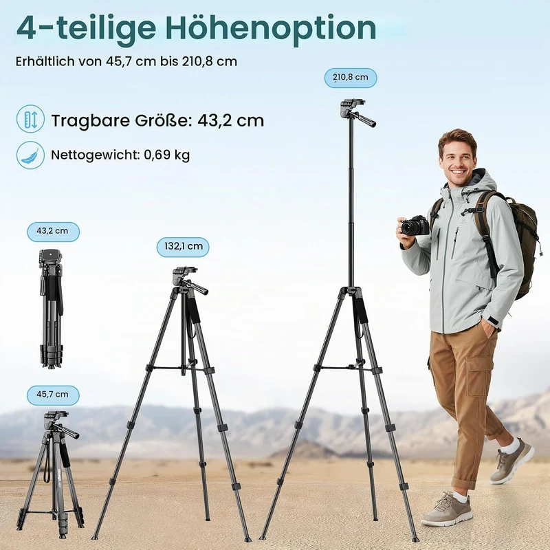 Nineigh Kamera Stativ,Tragbares Handy Stativ für Smartphone iPad mit 45-211cm Höhe, Leichtes Camera