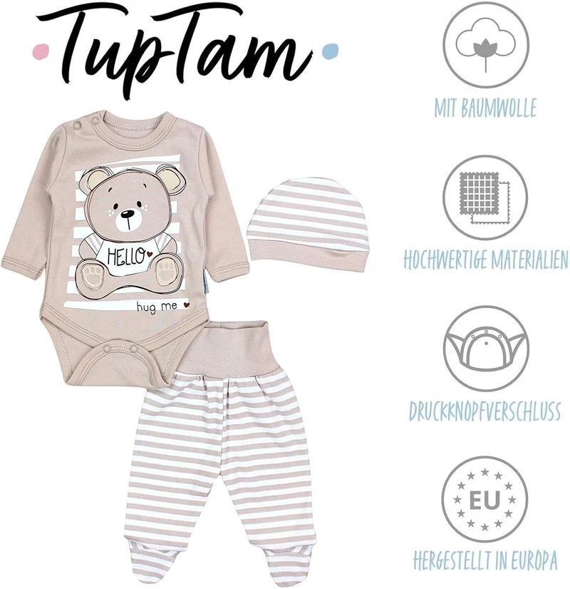 TupTam Baby Mädchen Jungen Bekleidungsset Langarmbody Hose Mütze mit Aufdruck Spruch 3 teilig 50 Ted