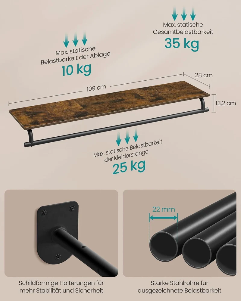 SONGMICS Wandgarderobe, Garderobe, Wandregal mit Kleiderstange, Gesamtbelastbarkeit 35 kg, 28 x 109