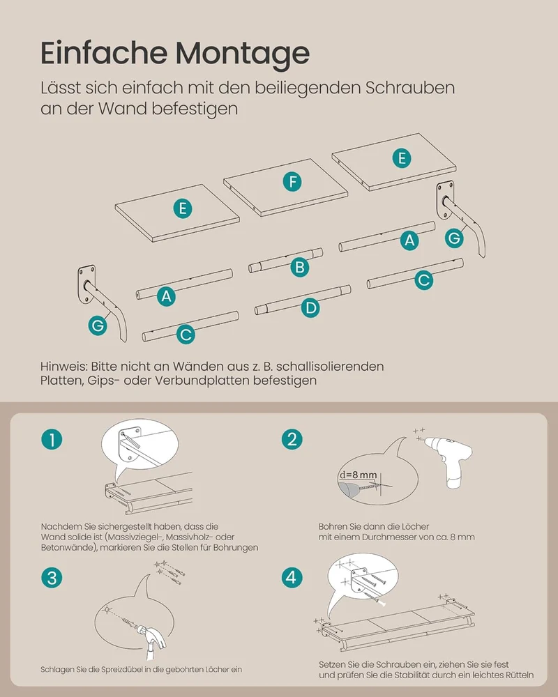 SONGMICS Wandgarderobe, Garderobe, Wandregal mit Kleiderstange, Gesamtbelastbarkeit 35 kg, 28 x 109