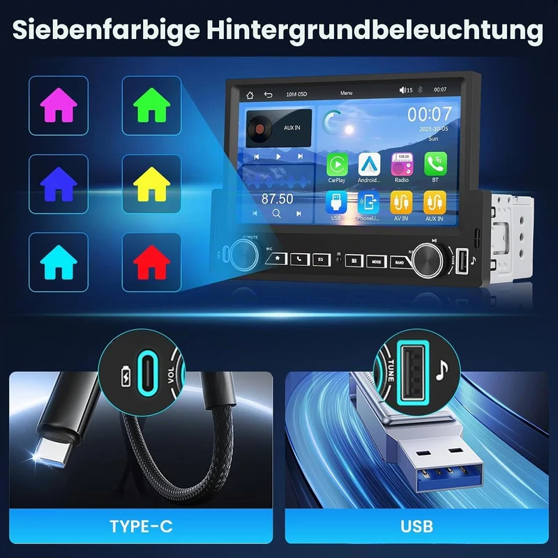 Hikity 1 Din Autoradio Carplay Android Auto Kabelgebundenes 7 Zoll Incell Touchscreen Bildschirm mit