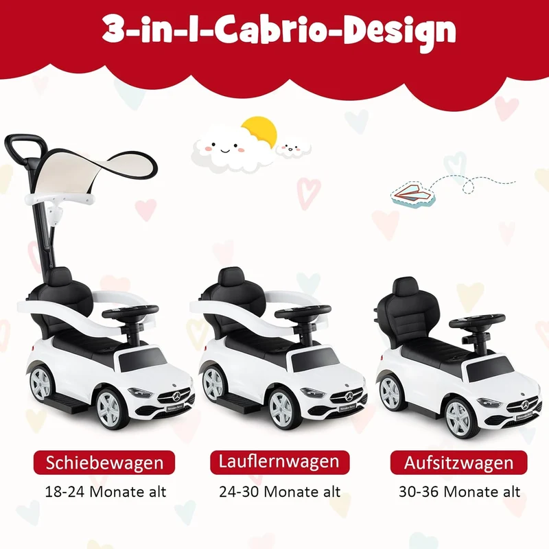 GOPLUS 3 in 1 Schiebeauto, Rutschauto Mercedes-Benz mit verstellbarem Verdeck und Stauraum unter dem