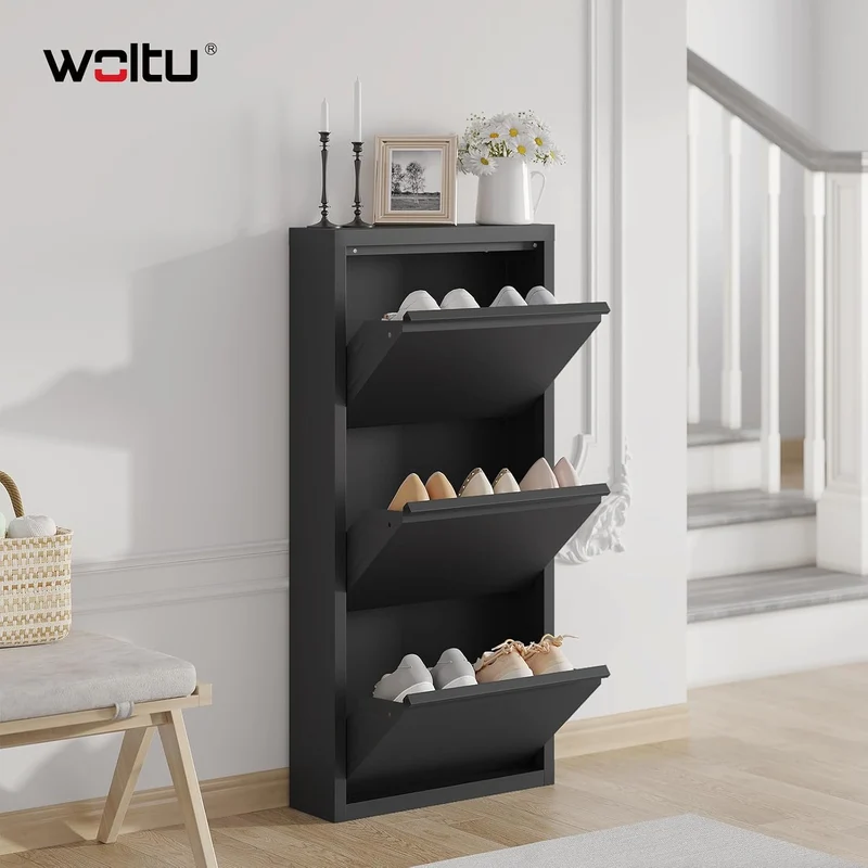 WOLTU Schuhschrank, mit 3 Klappen, Schuhregal, Schuhkipper, für 9 Paar Schuhe, aus Metall, für Flur