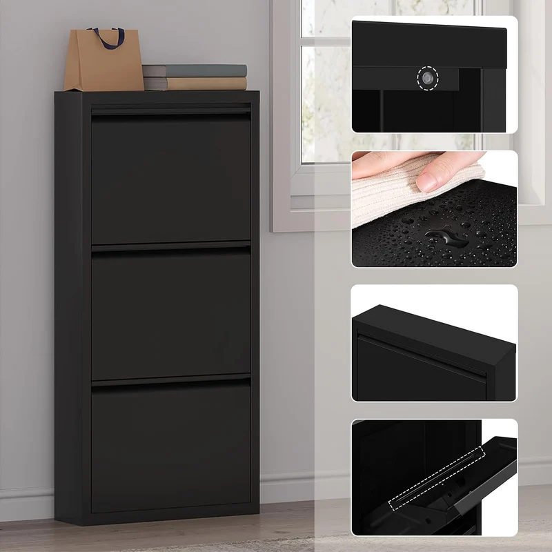 WOLTU Schuhschrank, mit 3 Klappen, Schuhregal, Schuhkipper, für 9 Paar Schuhe, aus Metall, für Flur