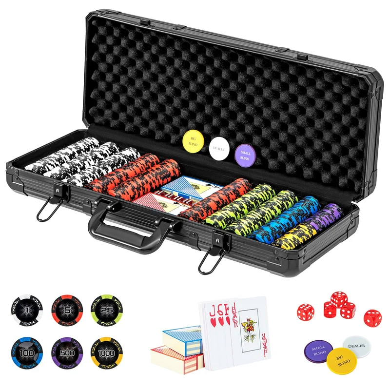GOPLUS Pokerset mit 300 Laser Pokerchips, Pokerkoffer mit 14g Chips & 2 Kartendecks & 3 Dealer Butto