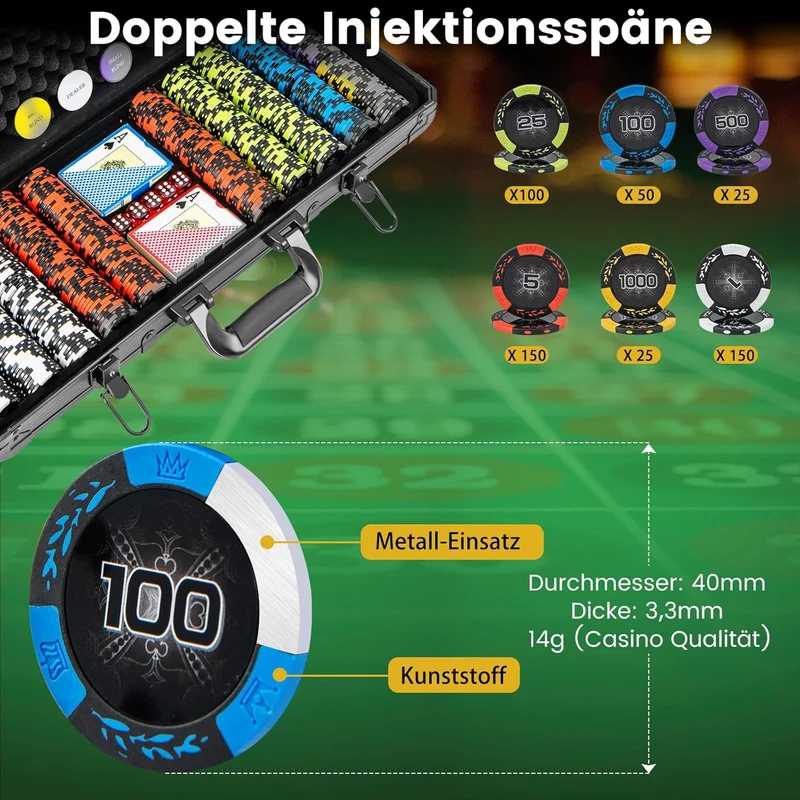 GOPLUS Pokerset mit 300 Laser Pokerchips, Pokerkoffer mit 14g Chips & 2 Kartendecks & 3 Dealer Butto