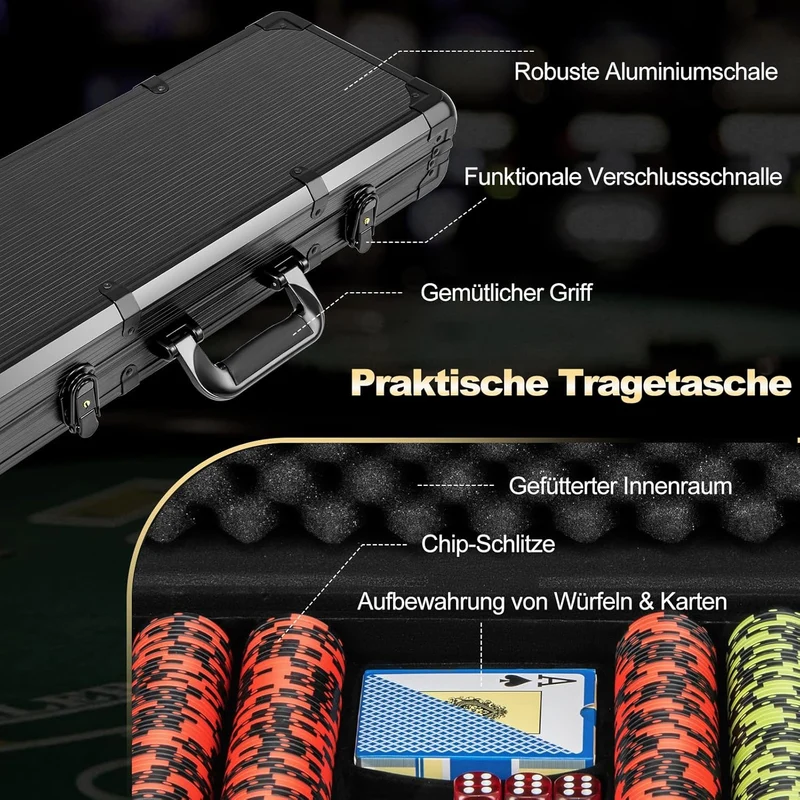 GOPLUS Pokerset mit 300 Laser Pokerchips, Pokerkoffer mit 14g Chips & 2 Kartendecks & 3 Dealer Butto