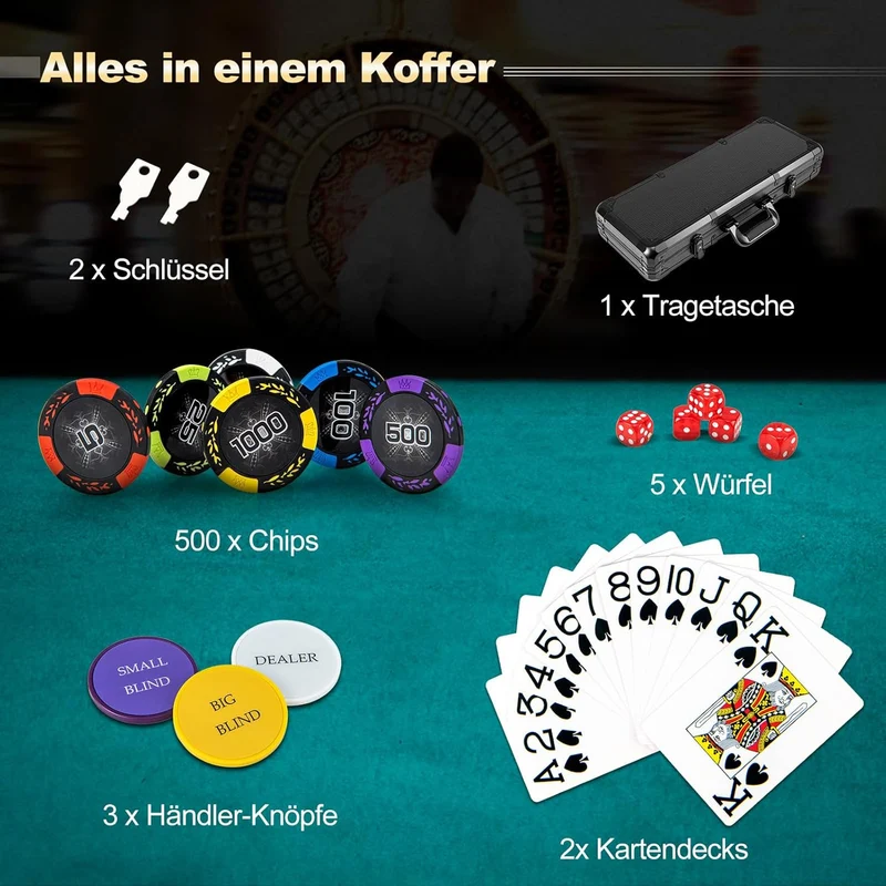 GOPLUS Pokerset mit 300 Laser Pokerchips, Pokerkoffer mit 14g Chips & 2 Kartendecks & 3 Dealer Butto