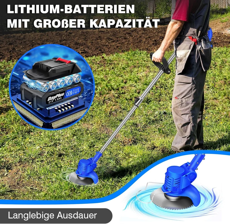 Akku Rasentrimmer mit Akku, 21V Elektrischer Akku Motorsense & Rasentrimmer Rasen mit Metall Messer,