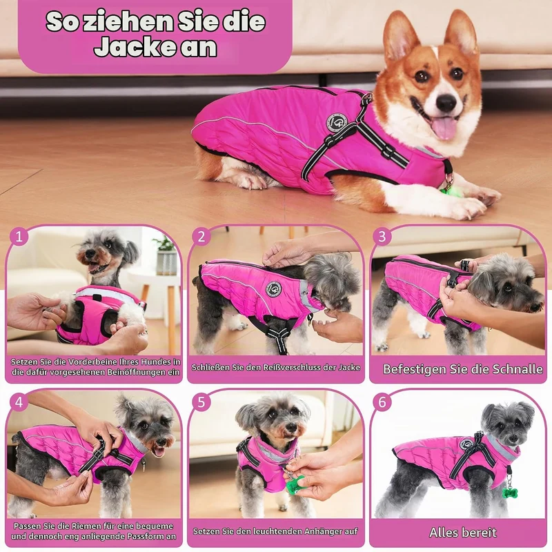 HezzLuv Hundemantel Winter, Hundemantel Wasserdicht, Warme Hundejacke mit Geschirr, Reflektierende S