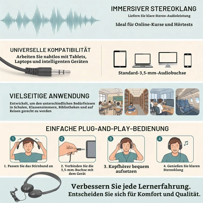 Klassenzimmer-Kopfhörer Mit 3 5-mm-Klinkenstecker Kabelgebundene On-Ear-Kopfhörer Verstellbar Für Sc