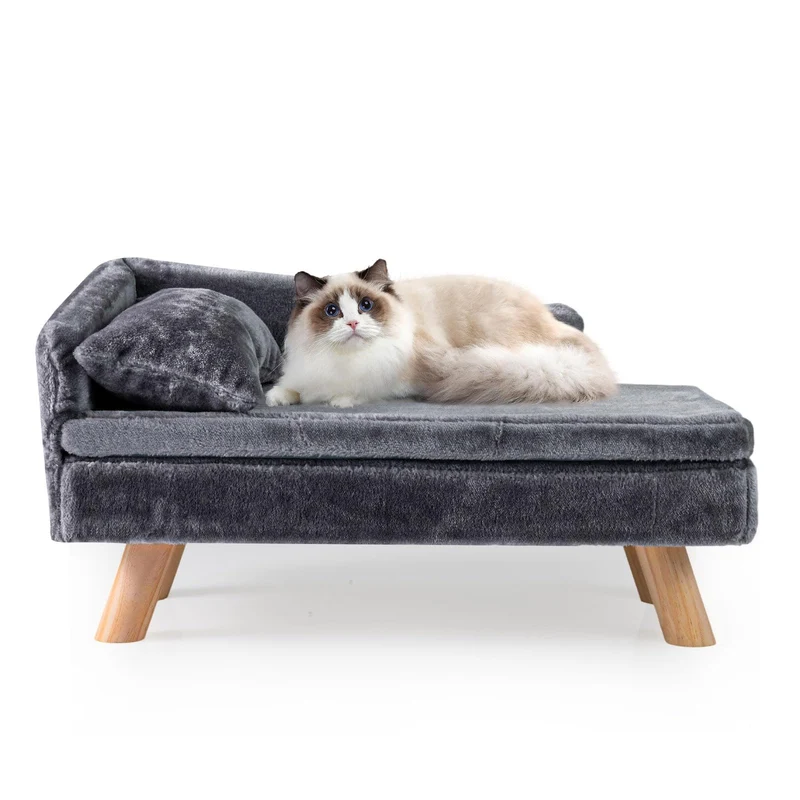 GOPLUS Luxus Katzensofa, Erhöhtes Hundebett mit Rückenlehne, abnehmbarem Kissen & Holzbeinen, Hundes