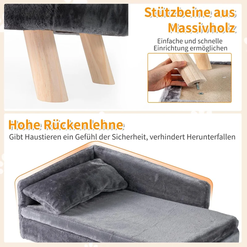 GOPLUS Luxus Katzensofa, Erhöhtes Hundebett mit Rückenlehne, abnehmbarem Kissen & Holzbeinen, Hundes