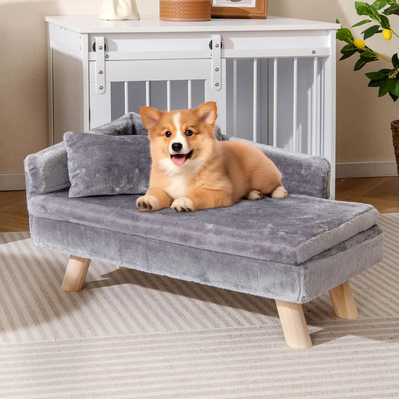 GOPLUS Luxus Katzensofa, Erhöhtes Hundebett mit Rückenlehne, abnehmbarem Kissen & Holzbeinen, Hundes