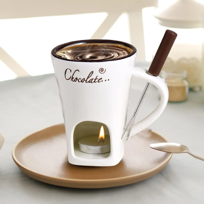 Schokoladen Fondue Becher Sets,Mit Gabel Kerze, Keramische Fondue Kaffee Wärmer Tasse Für Sauce Süss