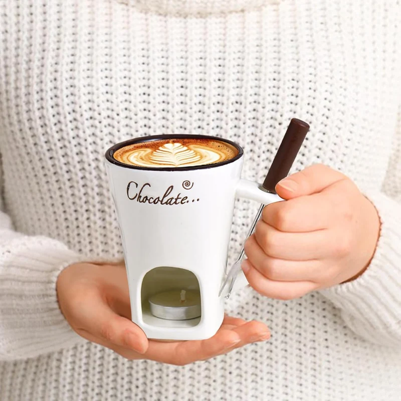 Schokoladen Fondue Becher Sets,Mit Gabel Kerze, Keramische Fondue Kaffee Wärmer Tasse Für Sauce Süss